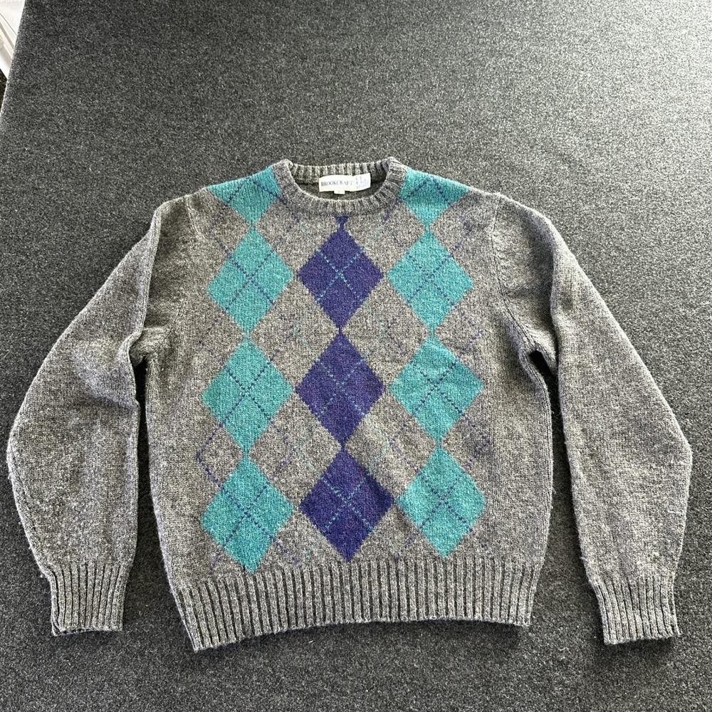 Brookcraft Mens Shetland Wool Argyle Sweater Gray Teal Purple Crewneck Large